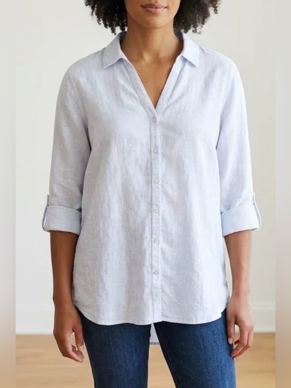 Tahari Light Blue Stripe 100% Linen Button Down Roll Sleeve Tunic Shirt